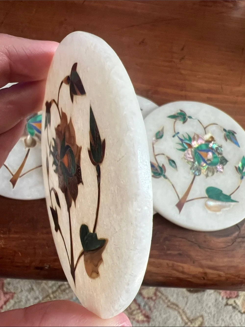 Inlaid Marble Coasters Mother-of-Pearl and Semi Precious Gemstone Floral Design